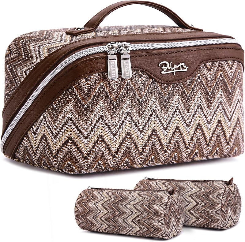 BOYATU Travel Makeup Bag for Women: Western Boho Make up Bag Set of 3 - Large Capacity Vegan Leather Cosmetic Bag - Waterproof Toiletry Bag with Compartments & Handle & Divider(J-2-Brown) - Image 1
